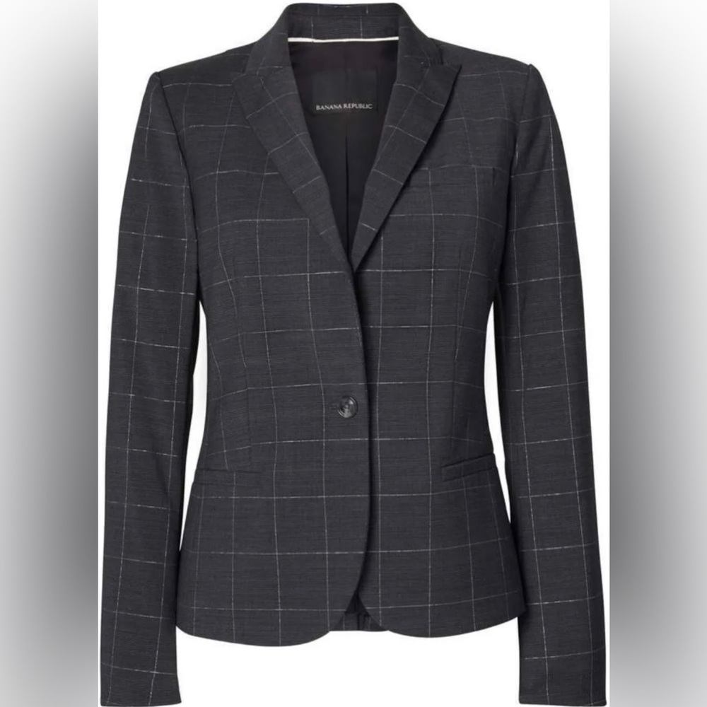 Banana Republic Classic Fit Shine Blazer Dark Grey Window Pane Size 4 NWT